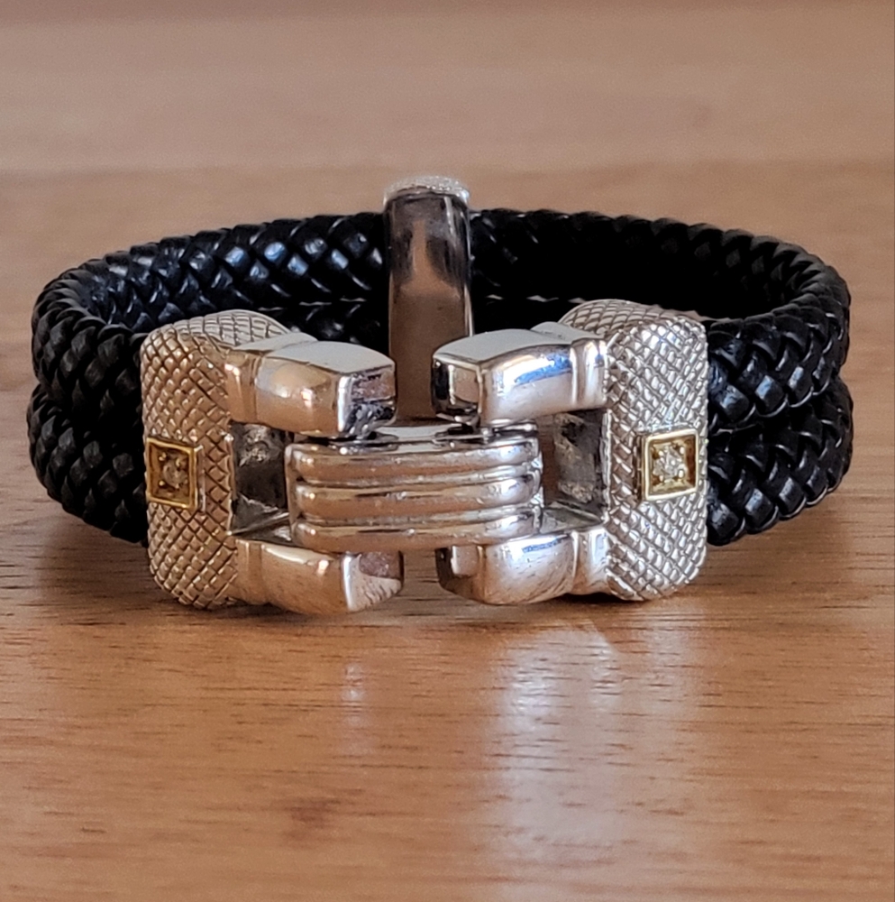 Judith Ripka 18k & Sterling Silver Leather Braided Diamond Bracelet